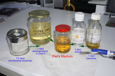 Recepet Piet's Medium: zest-it, standolie, dammarvernis en Venetiaans Terpentijn